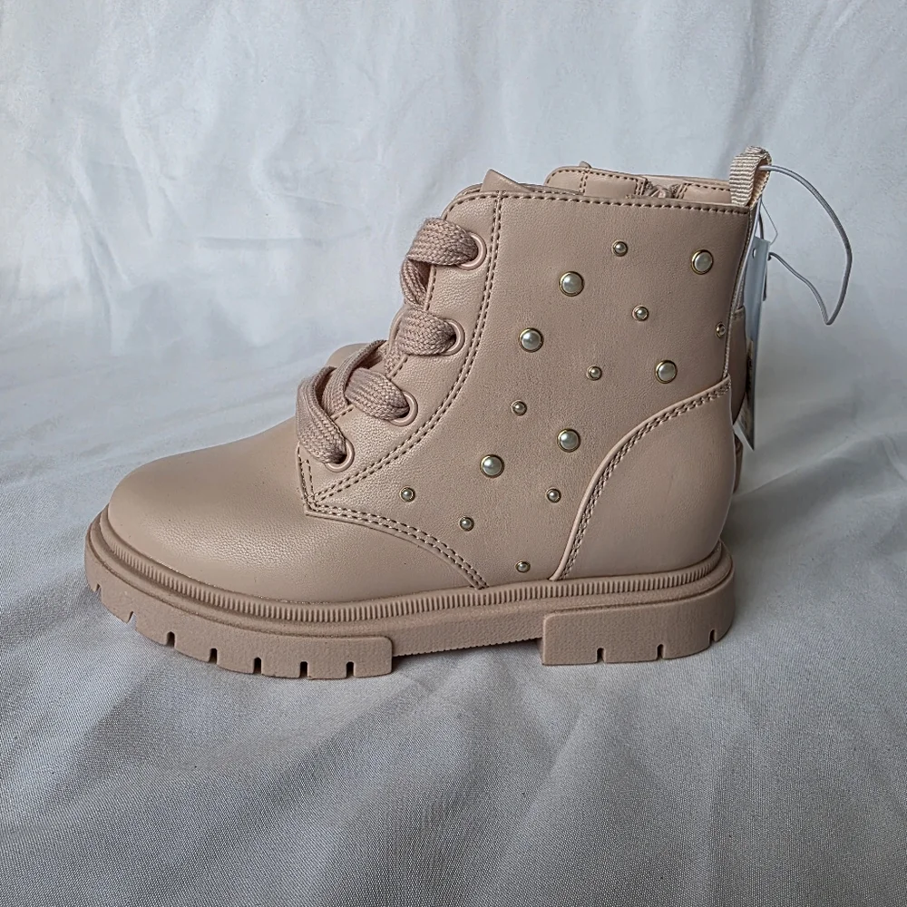 Cat & Jack Boots Blush Pink Amaya Lace Up Zipper Combat Boots With Pearls Baby